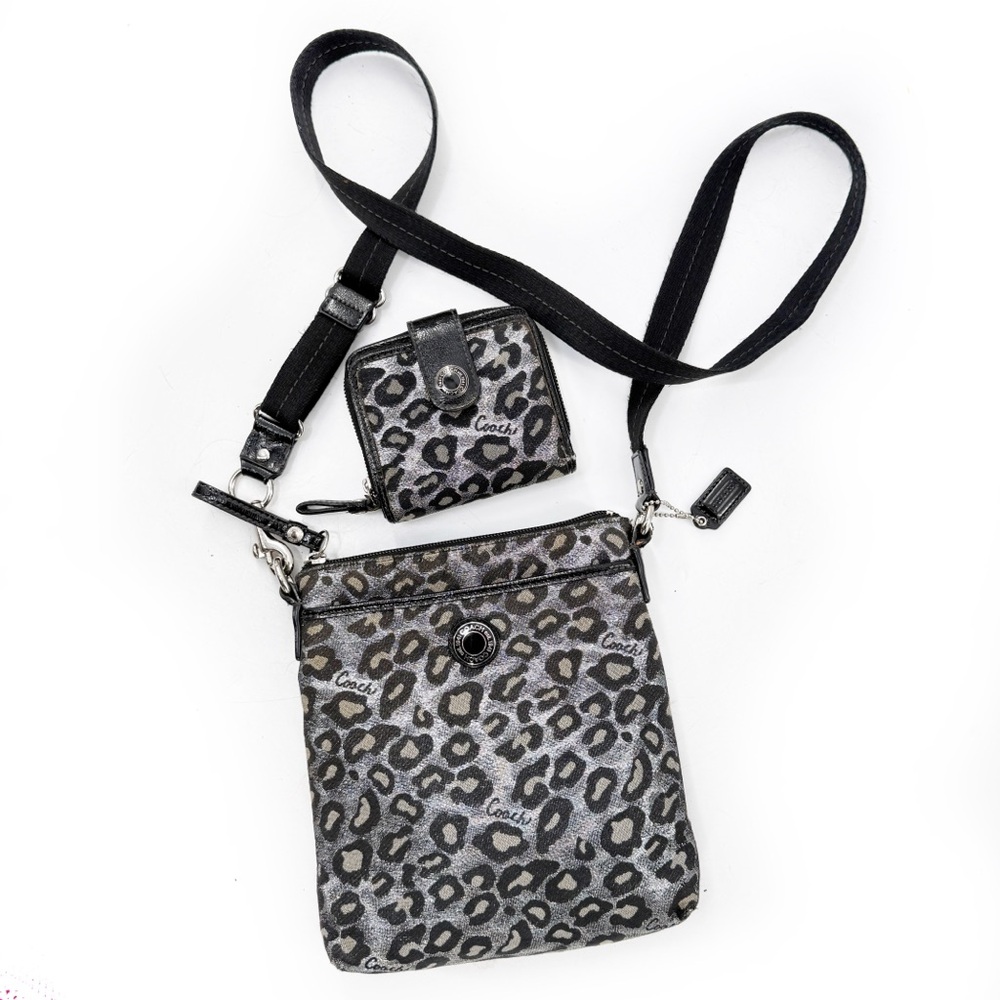 Coach Ocelot Leopard Print Crossbody Bag with Compact Wallet Black/Silver Fabric